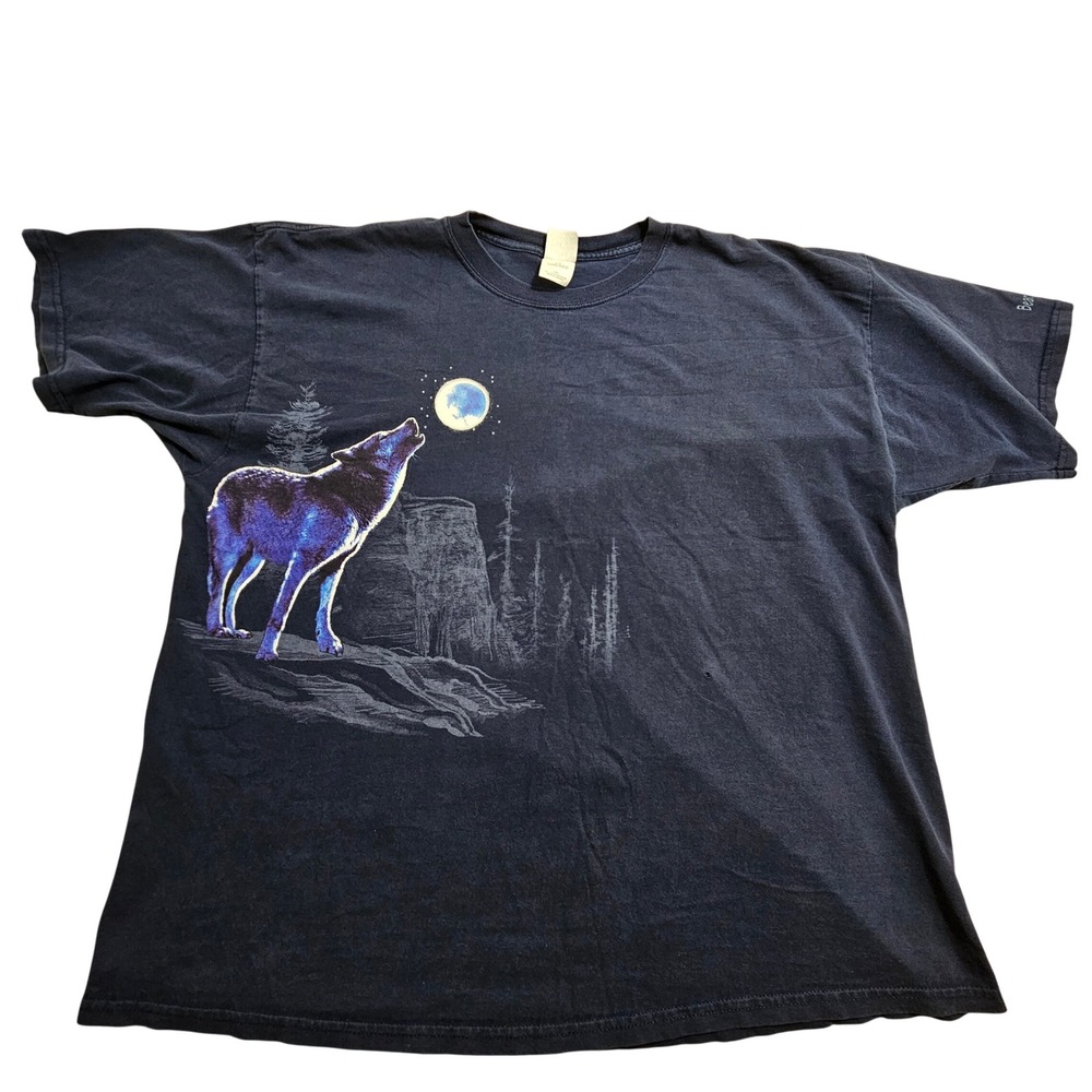 Gildan Vintage Wolf Howling Graphic T-Shirt Men 2XL Navy Blue Bear Country USA *